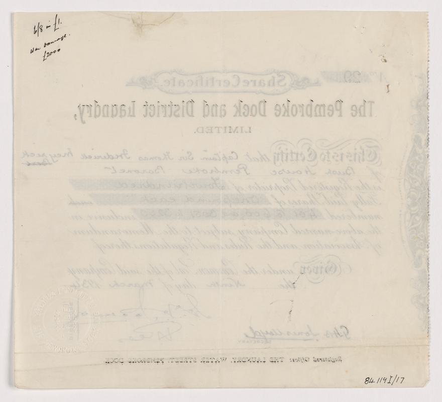 Pembroke Dock & District Laundry Ltd. share certificate