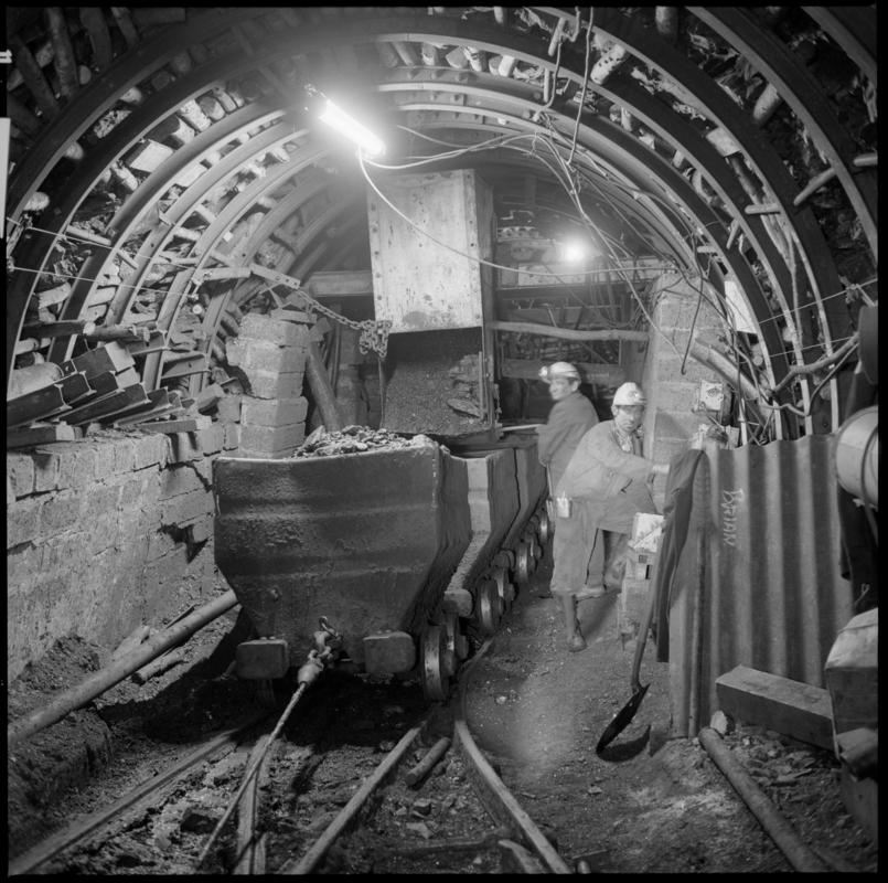 Black and white film negative showing drams underground,  Ammanford Colliery 7 September 1976.  'Ammanford, 7/9/76' is transcribed from original negative bag.
