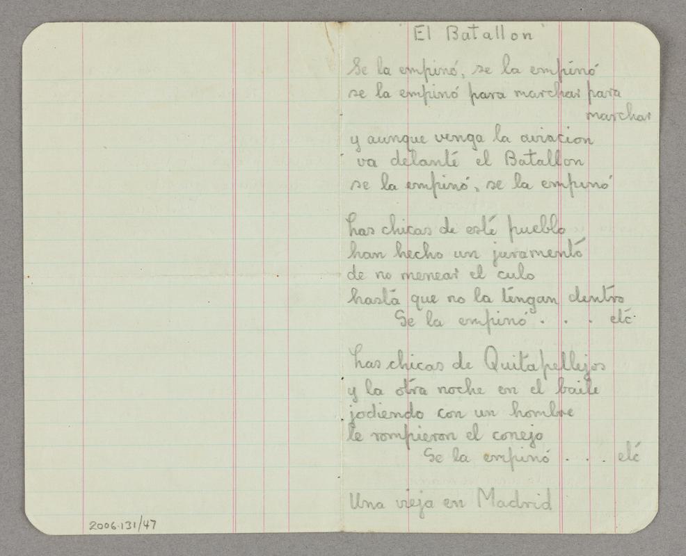 Handwritten song lyrics to 'El Batallon'. Front of page