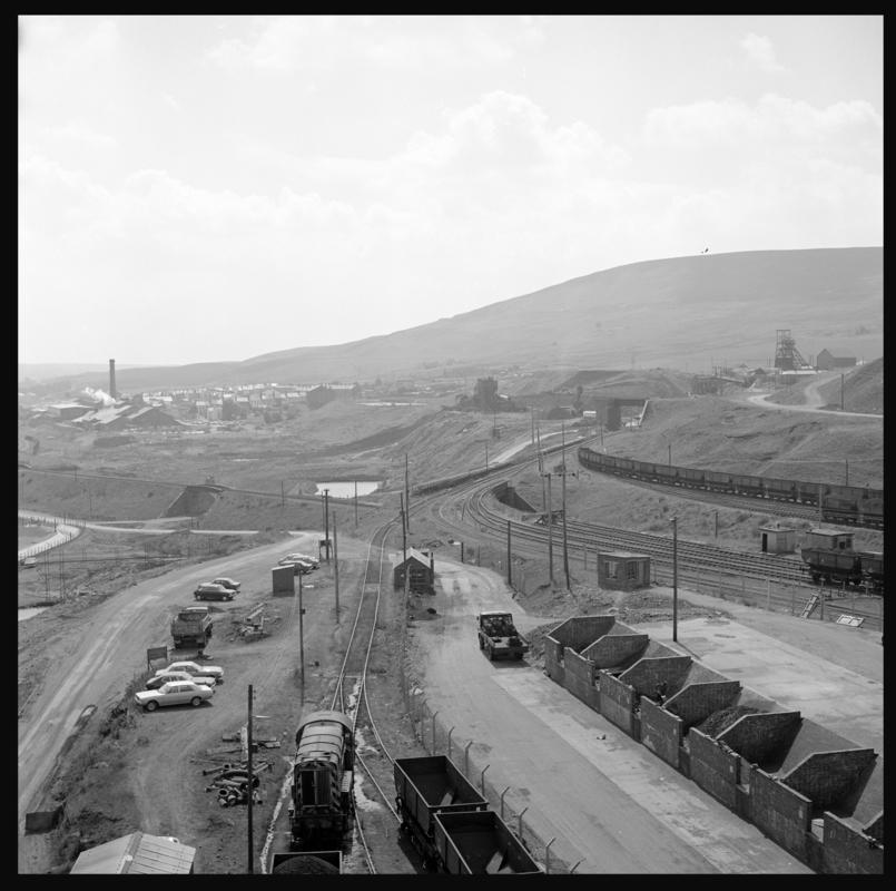 Black and white film negative showing the land sales yard, Blaenavon Drift Mine 1978.