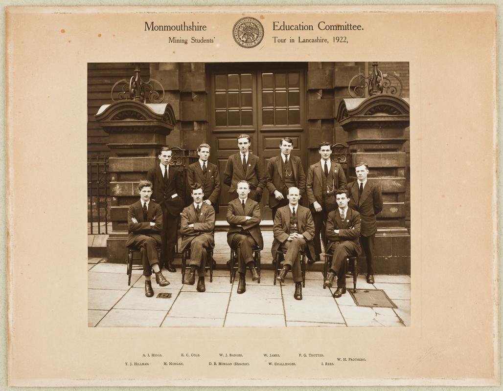 Photograph showing "Monmouthshire Education Committee Mining Students' Tour in Lancashire, 1922'.
