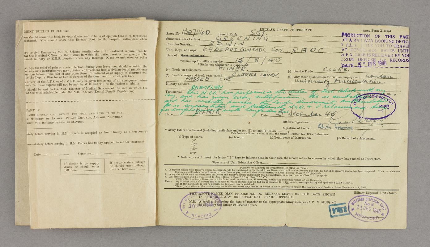 Edwin Greening's Soldier's Release Book Class "A". Army number 13071160. Dated 11 December 1945. Staped at left. Release leave certificate.