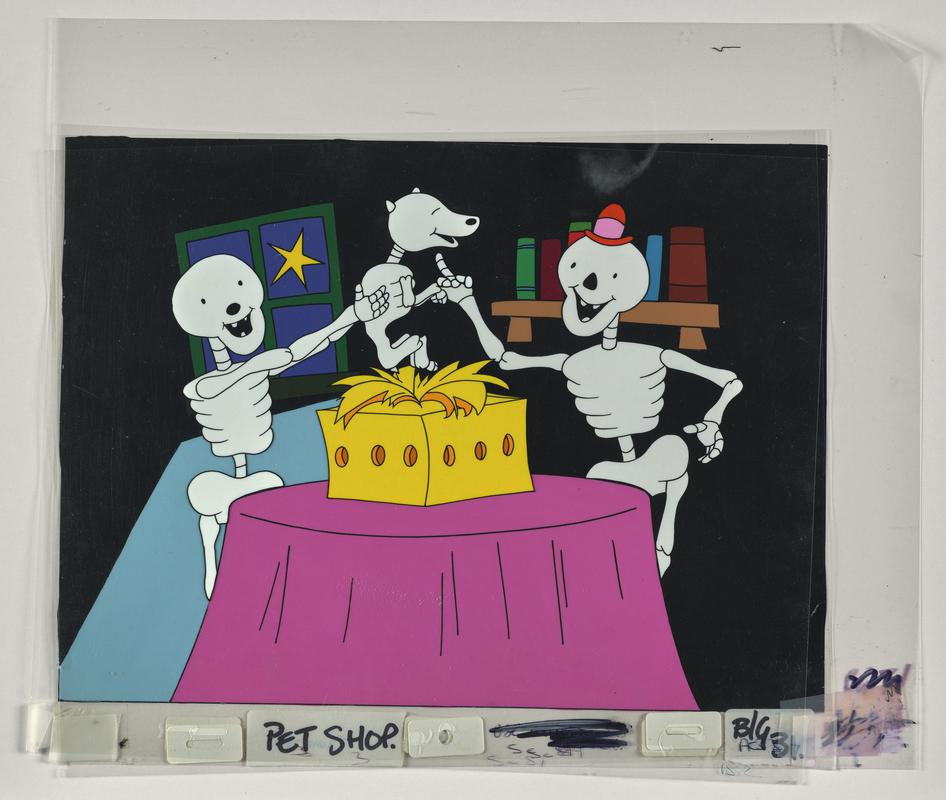 Funny Bones animation production artwork from episode 'The Pet Shop' showing characters Big, Little and Dog. Four sheets of cellulose acetate.