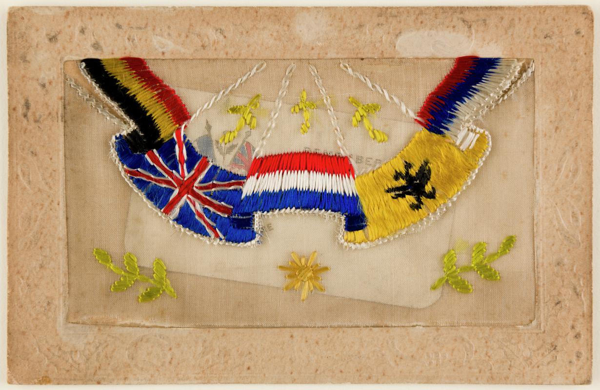 Postcard embroidered with flags etc