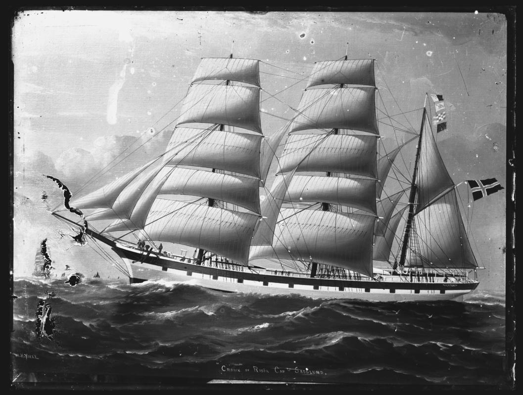 Photograph of a painting showing a port broadside view of the three-masted barque CROWN of Risor.  Title of painting - ''CROWN OF RISOR CAPT SKOGLUND''