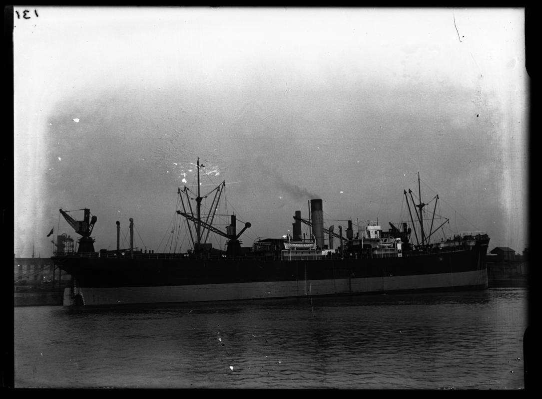 Starboard broadside view of S.S. THORNLEA at Cardiff Docks, c.1936.