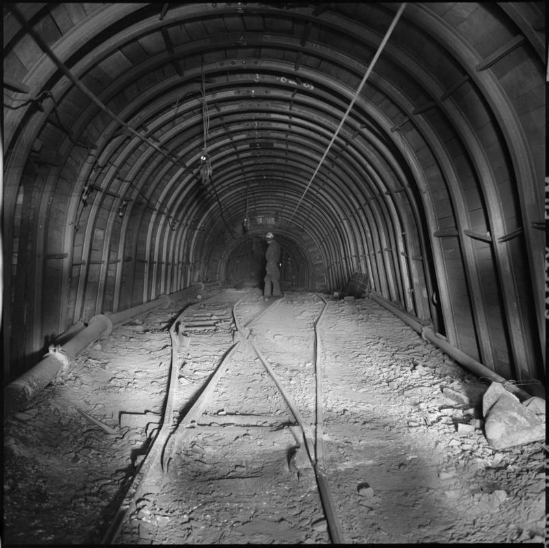 Black and white film negative showing an underground roadway, Wyndham Colliery. 'Wyndham' is transcribed from original negative bag.