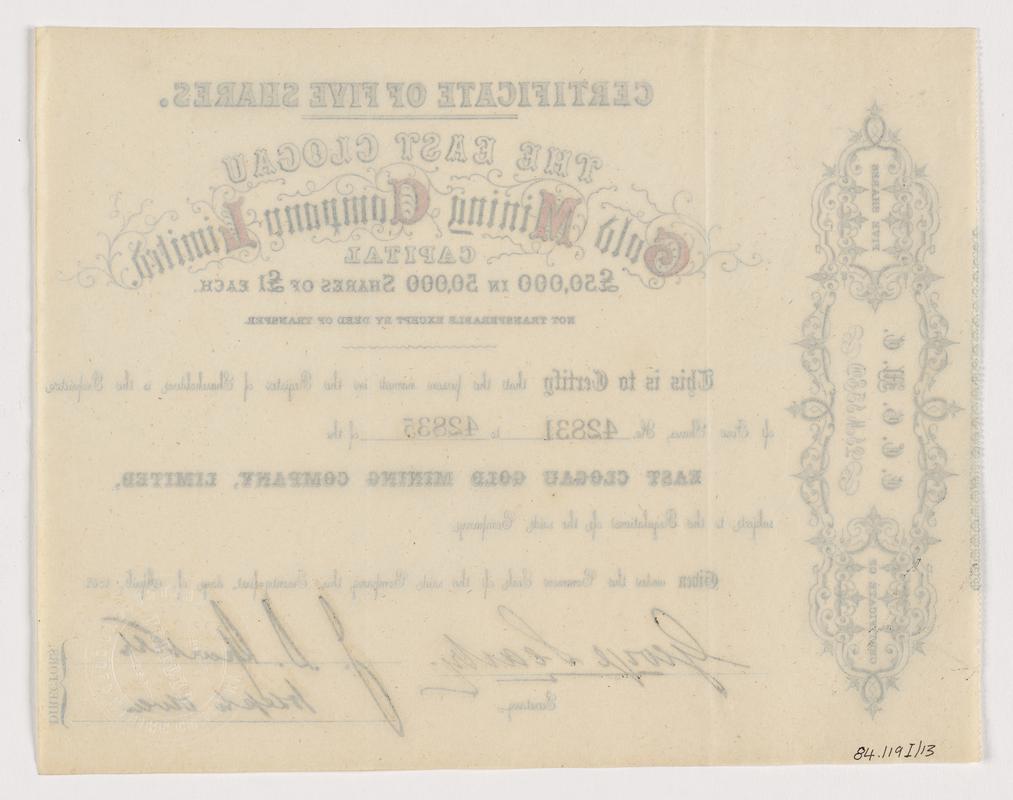 East Clogau Gold Mining Co. Ltd., share certificate