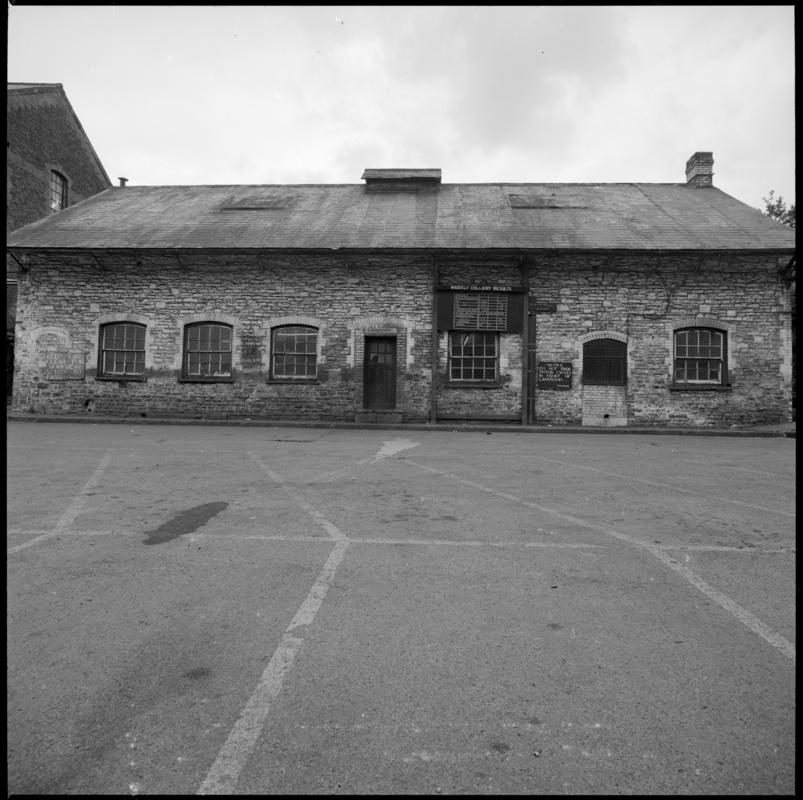 Black and white film negative showing the exterior of the lamproom, Penrhiwceibr Colliery 1980.  'Penrikyber' is transcribed from original negative bag.