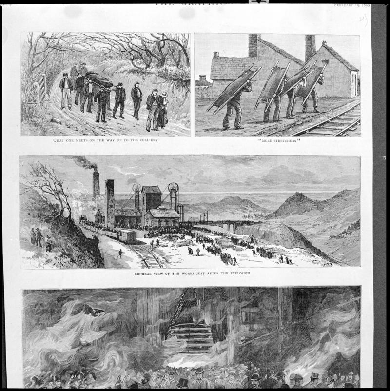 Black and white film negative showing scenes at Llanerch Colliery following the explosion on 6 February 1890, sketched illustrations photographed from a publication.  'Llanerch' is transcribed from original negative bag.