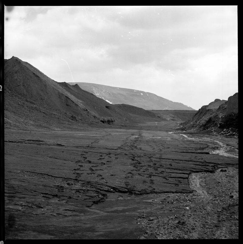Black and white film negative showing a landscape view, Blaina April 1981.