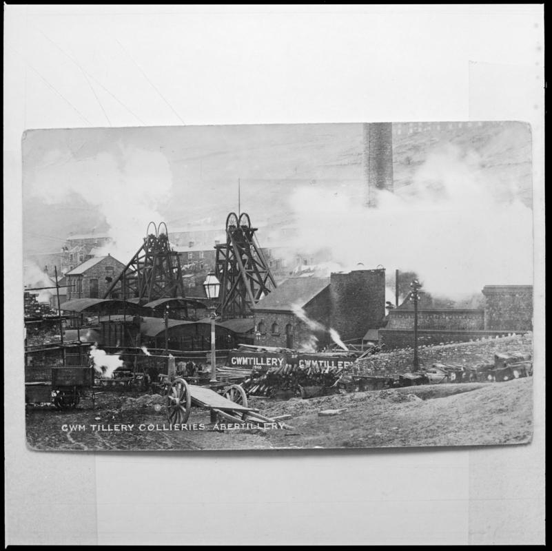 Black and white film negative of a photograph showing a surface view of Cwmtillery Colliery.  'Cwmtillery' is transcribed from original negative bag.  Appears to be identical to 2009.3/2159.