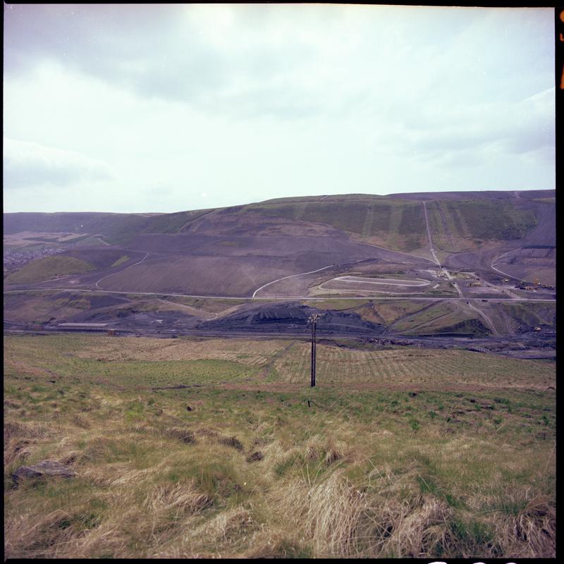 Colour film negative showing the landscape surrounding Maerdy Colliery.  'Mardy' is transcribed from original negative bag.