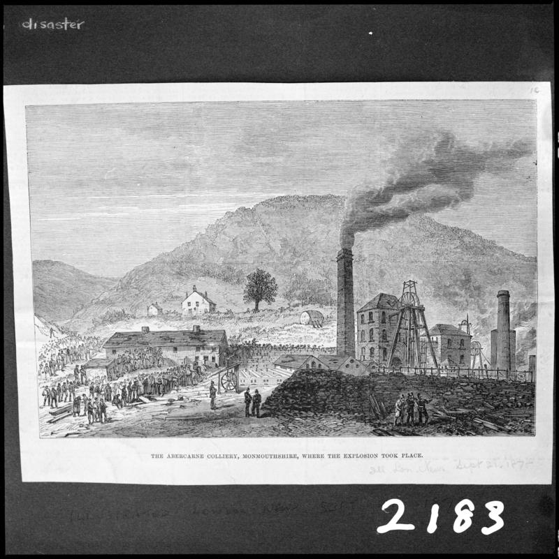 Black and white film negative showing the scene after the Prince of Wales Colliery explosion 11 September 1878, a sketched illustration photographed from a publication.  'Abercarn' is transcribed from original negative bag.