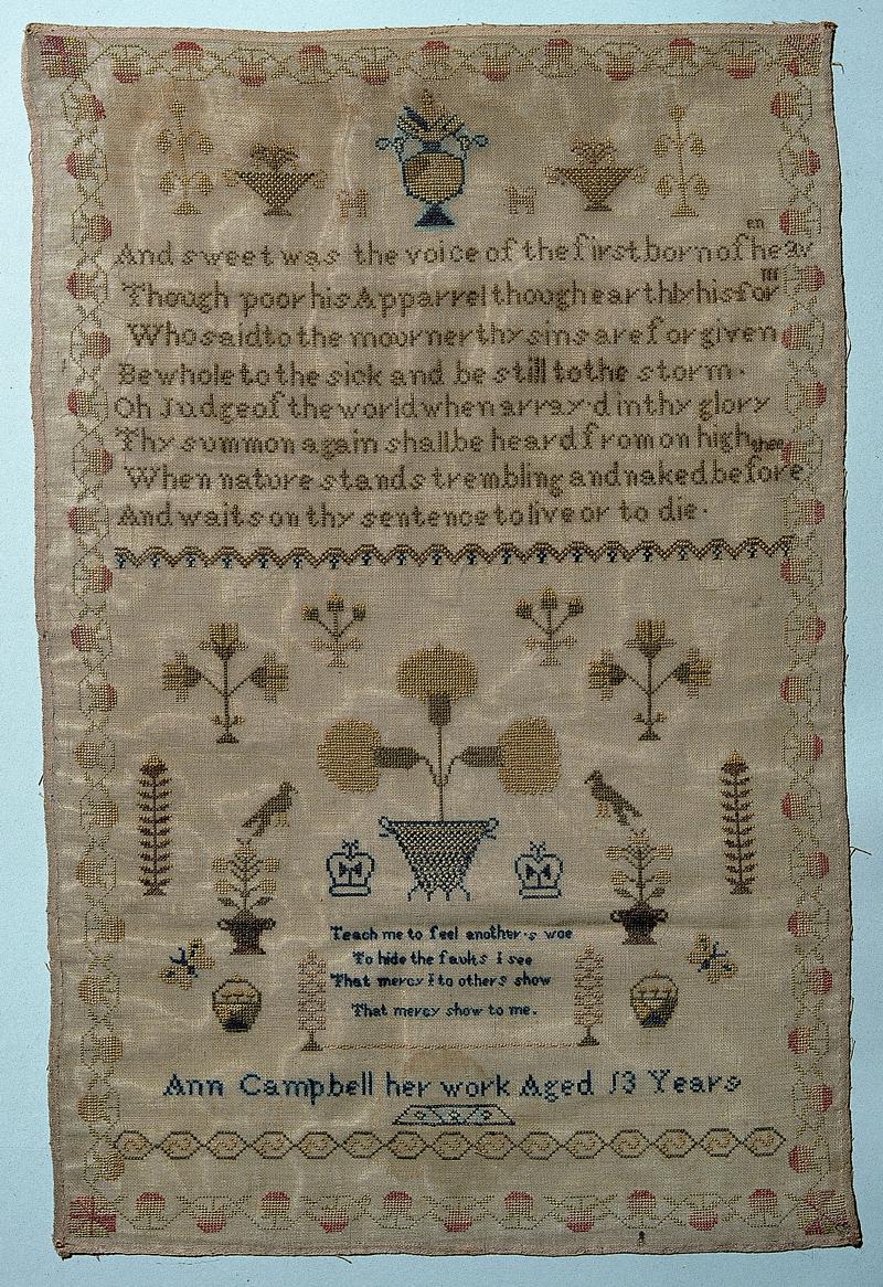 Sampler, (verse & motifs), made in Wales, c. 1855