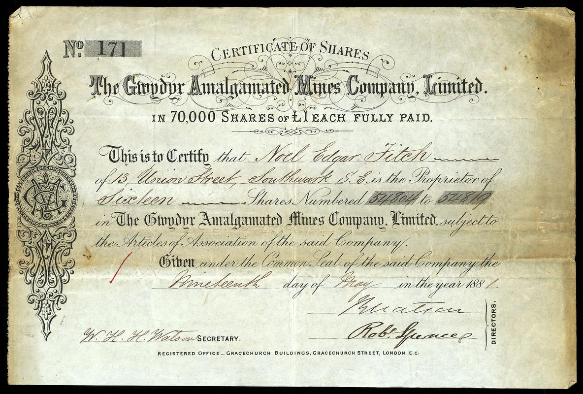 Share Certificate "The Gwydyr Amalgamated Mines  Company Limited"