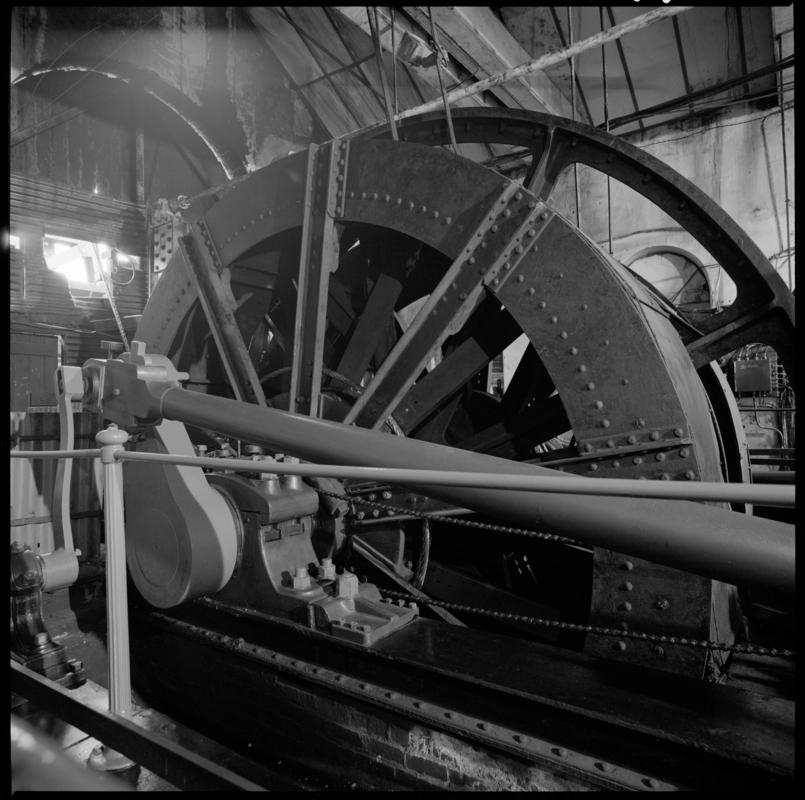 Black and white film negative showing the Hetty winder, Tymawr Colliery, December 1980.  'Hetty winder Dec 1980' is transcribed from original negative bag.