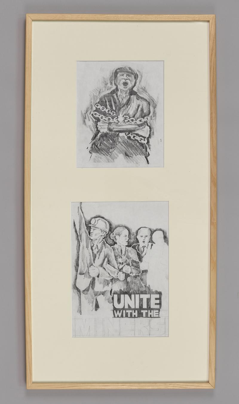 Preparatory drawing for 'Unite with the Miners' posters, 1984.