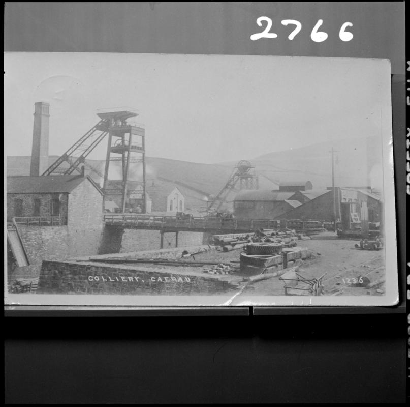 Black and white film negative of a photograph showing a surface view of Caerau Colliery.