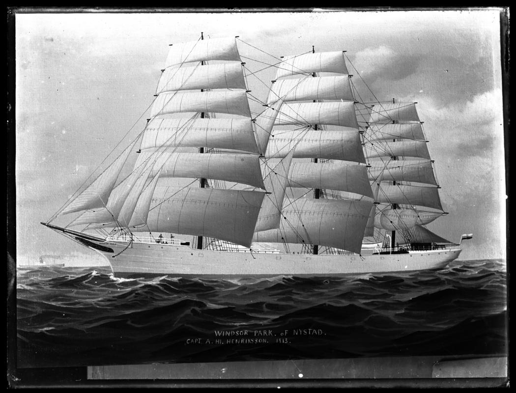 Photograph of a painting showing a port broadside view of the three-masted ship WINDSOR PARK of Nystad.  Title of painting - WINDSOR PARK of NYSTAD / CAPT. A. HI. HENRIKSSON 1913.