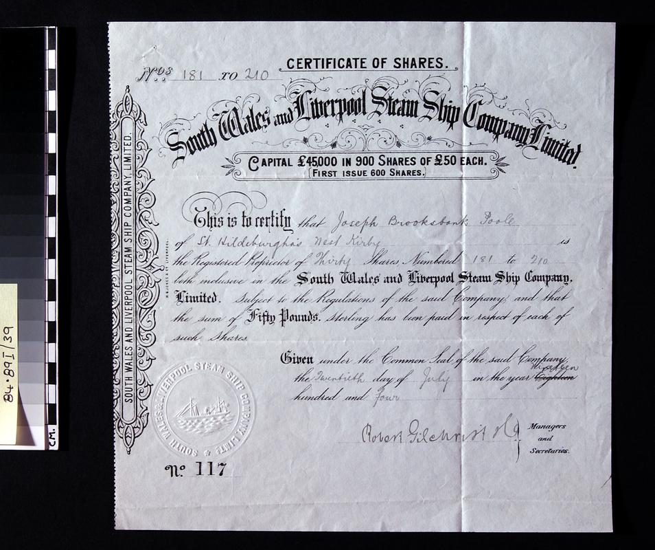 South Wales & Liverpool Steam Ship Co Ltd share certificate