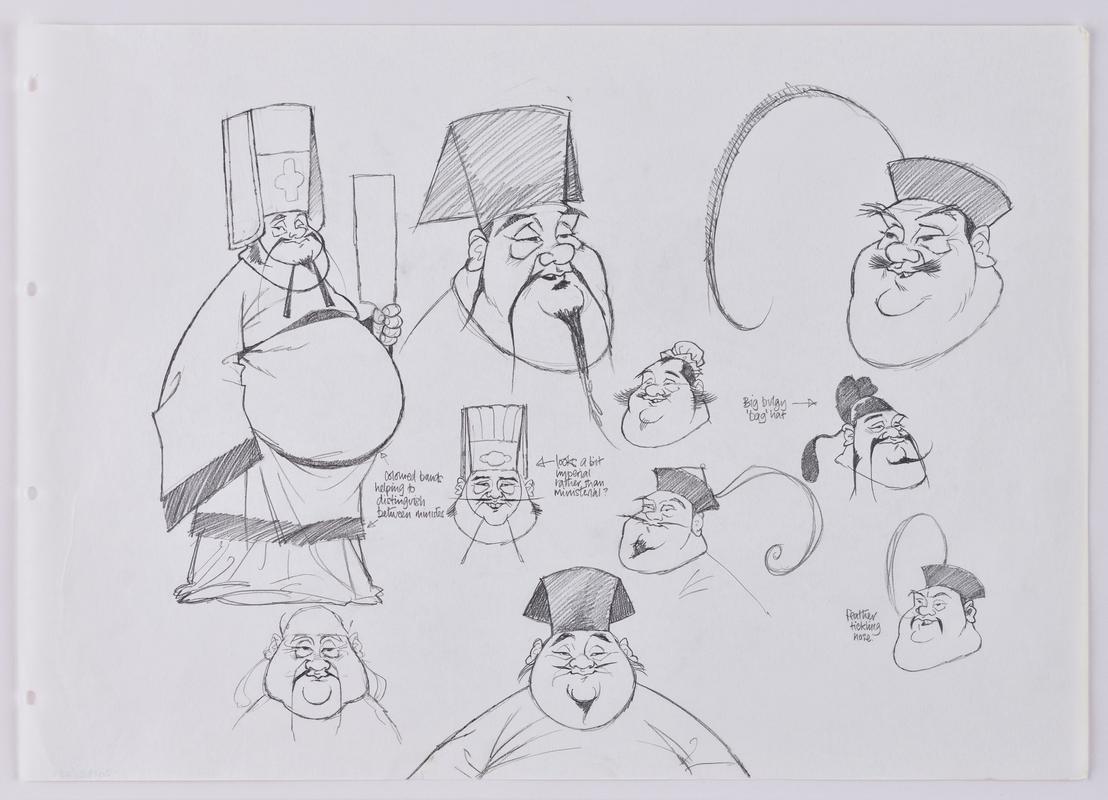 Turandot animation production sketch of ministers.