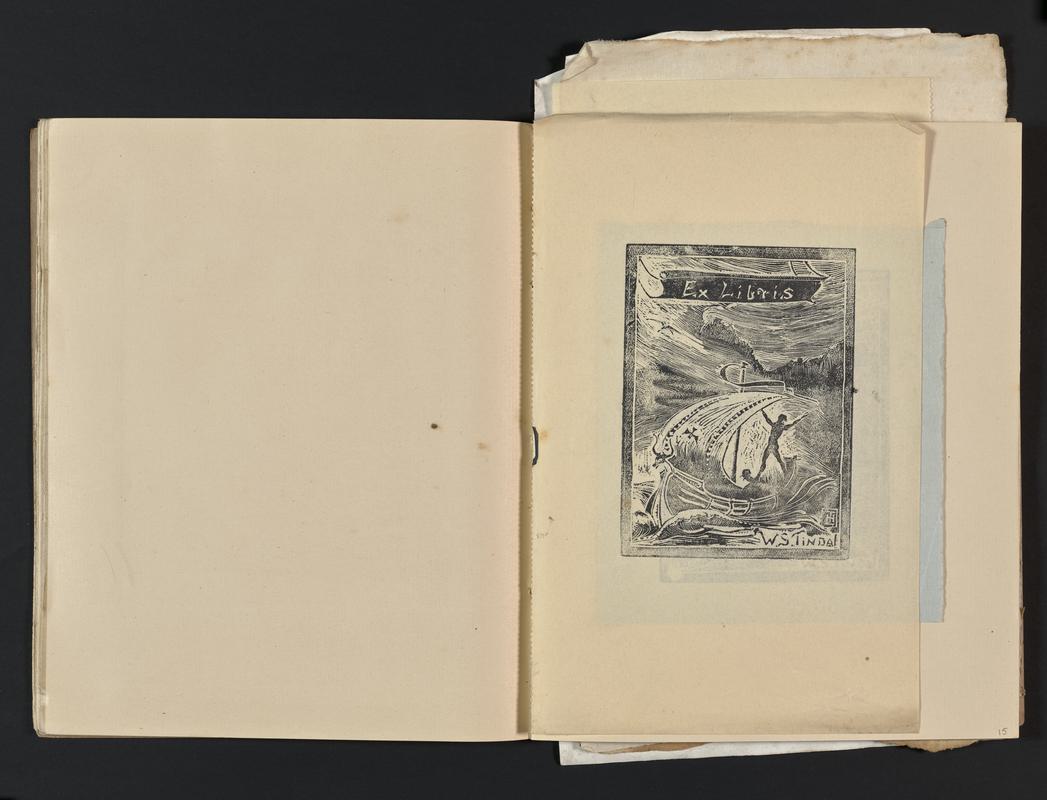 Exercise book includes engravings - ?grandfather, hill landscape, Aberthaw, sleeping dancer, boathouse, sailing boat, nativity scene, dancing-class leaflet, Tindal bookplate