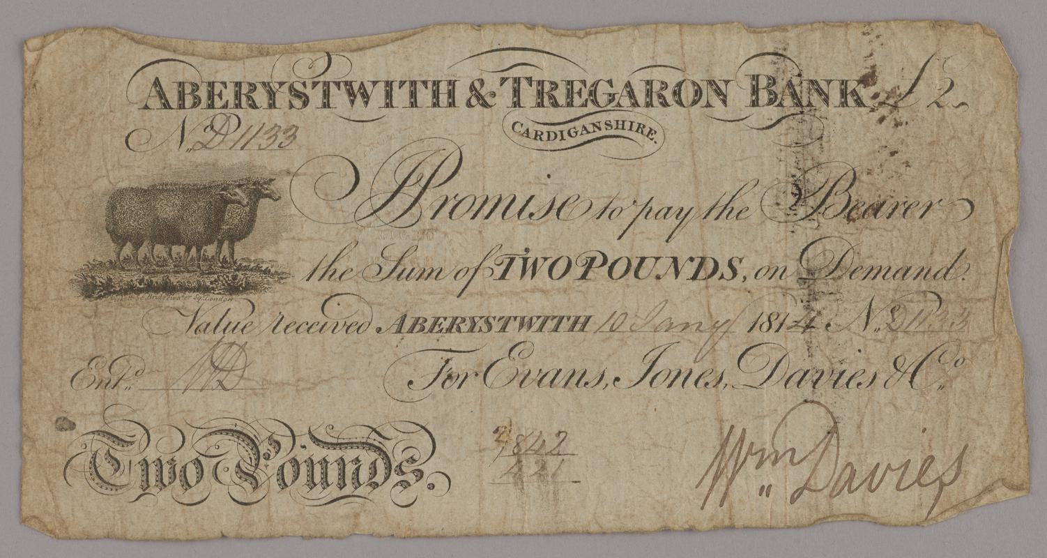 Aberystwith & Tregaron Bank two pounds bank note, 1814