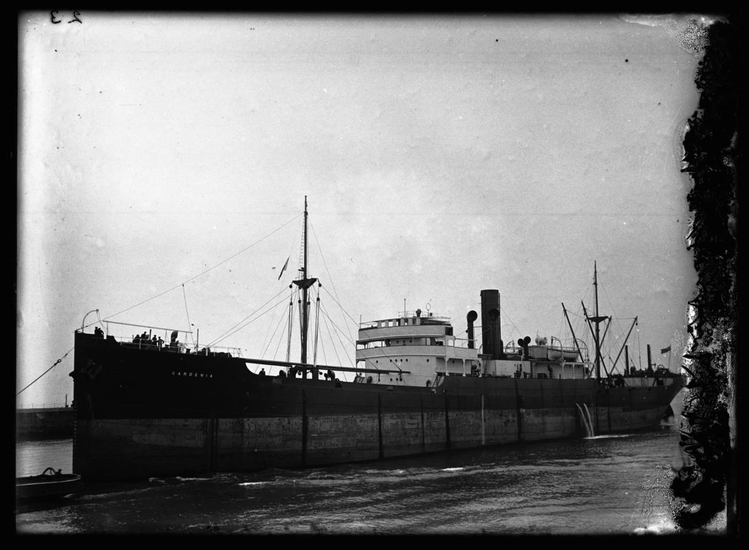 Port broadside view of S.S. GARDENIA at Cardiff Docks, c.1936.