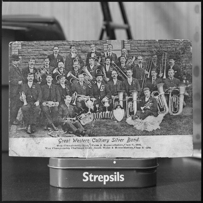 Black and white film negative of a photograph showing the 'Great Western Colliery Silver Band'.