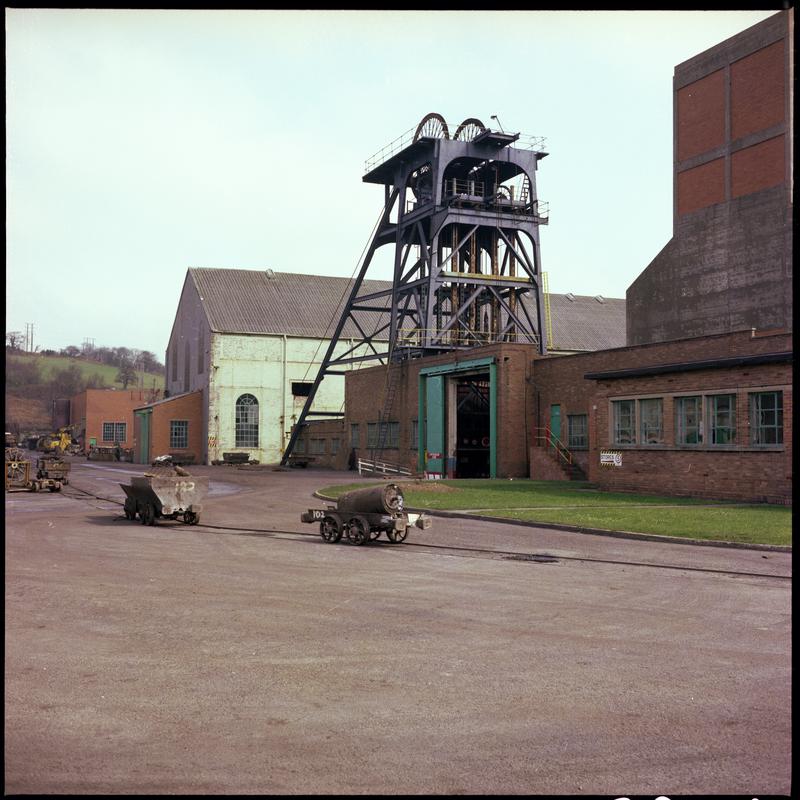 Colour film negative showing a view of the headgear, Cwm Colliery April 1981. 'Cwm 4/81' is transcribed from original negative bag.