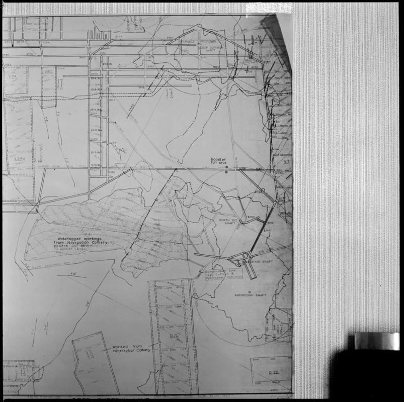 Black and white film negative showing the underground plans of an unknown colliery.