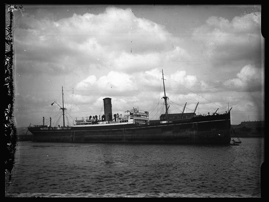 Starboard broadside view of S.S. CALEDONIAN MONARCH at Cardiff Docks, c.1936.