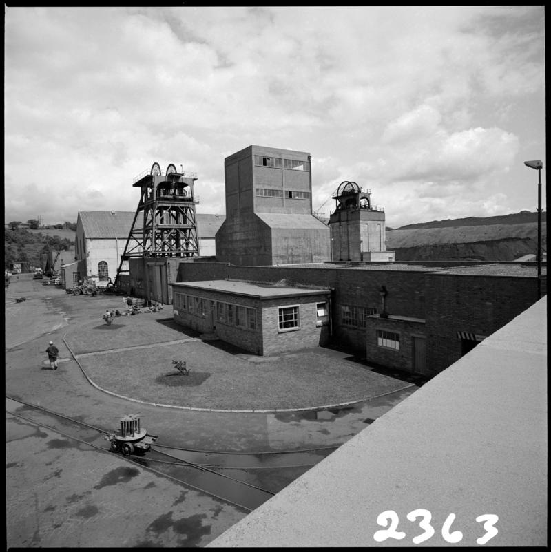 Black and white film negative showing a surface view of Cwm Colliery, 3 July 1981.  'Cwm 3 Jul 1981' is transcribed from original negative bag.  Appears to be identical to 2009.3/1861.