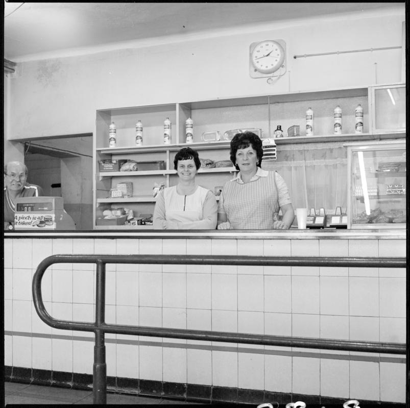 Black and white film negative showing kitchen staff in the canteen, Cwmtillery Colliery.  'Cwmtillery' is transcribed from original negative bag.