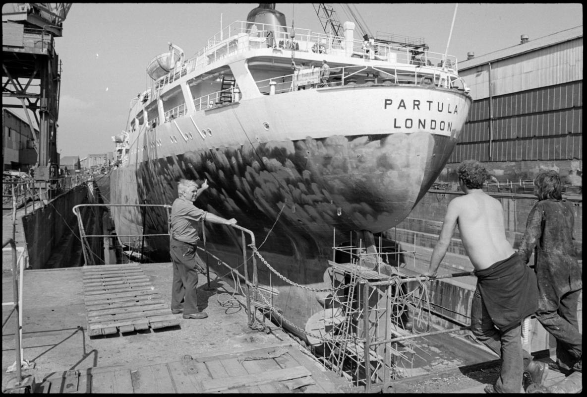 Port stern view of M.V. PARTULA in Channel Dry Dock.