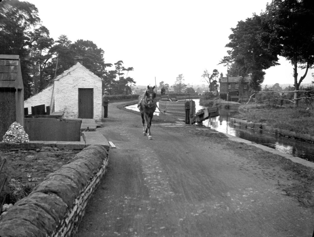 Horse and barge at Gabalfa lock no.47 on Glamorganshire canal.