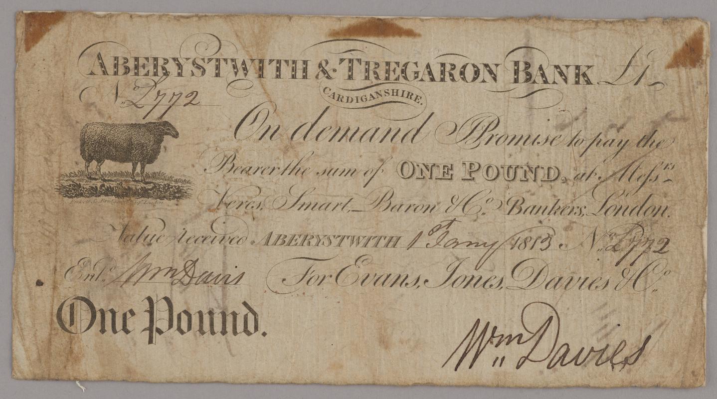 Aberystwith & Tregaron Bank one pound bank note, 1813