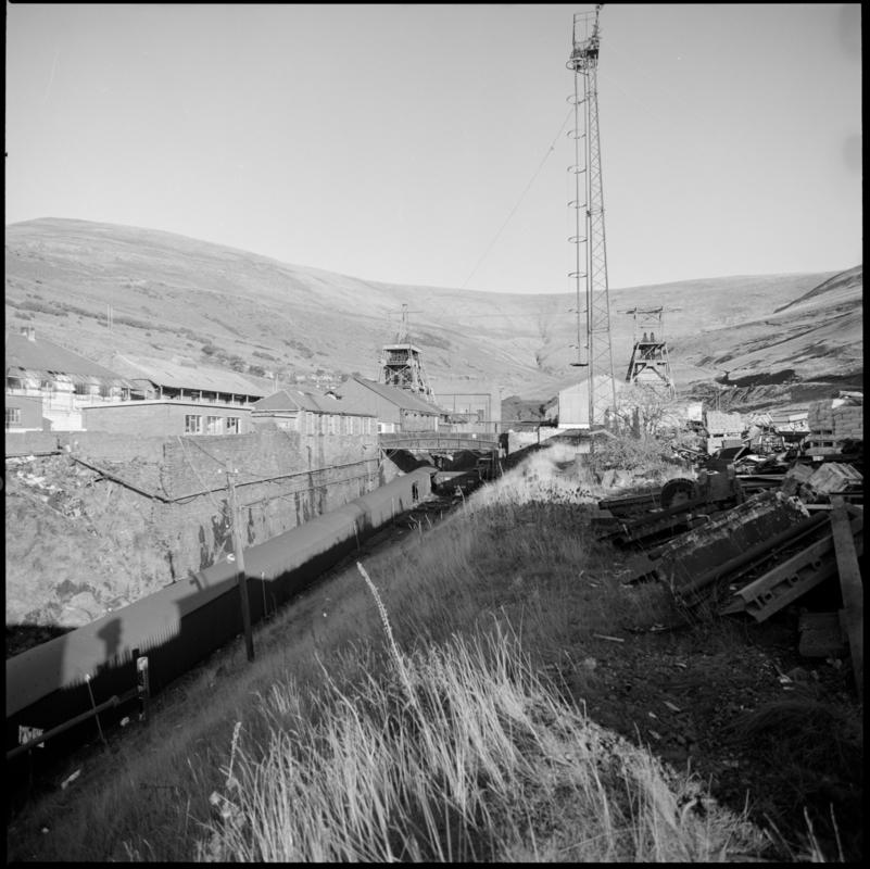 Black and white film negative showing a surface view of Garw Colliery.