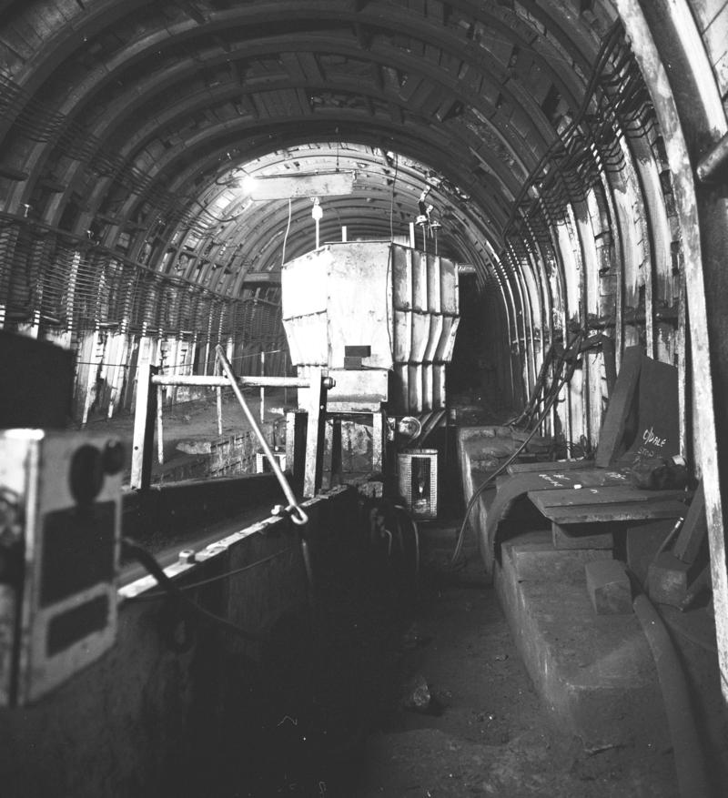 Black and white film negative showing an underground bunker? Oakdale Colliery, May 1980.  'Oakdale May 1980' is transcribed from original negative bag.