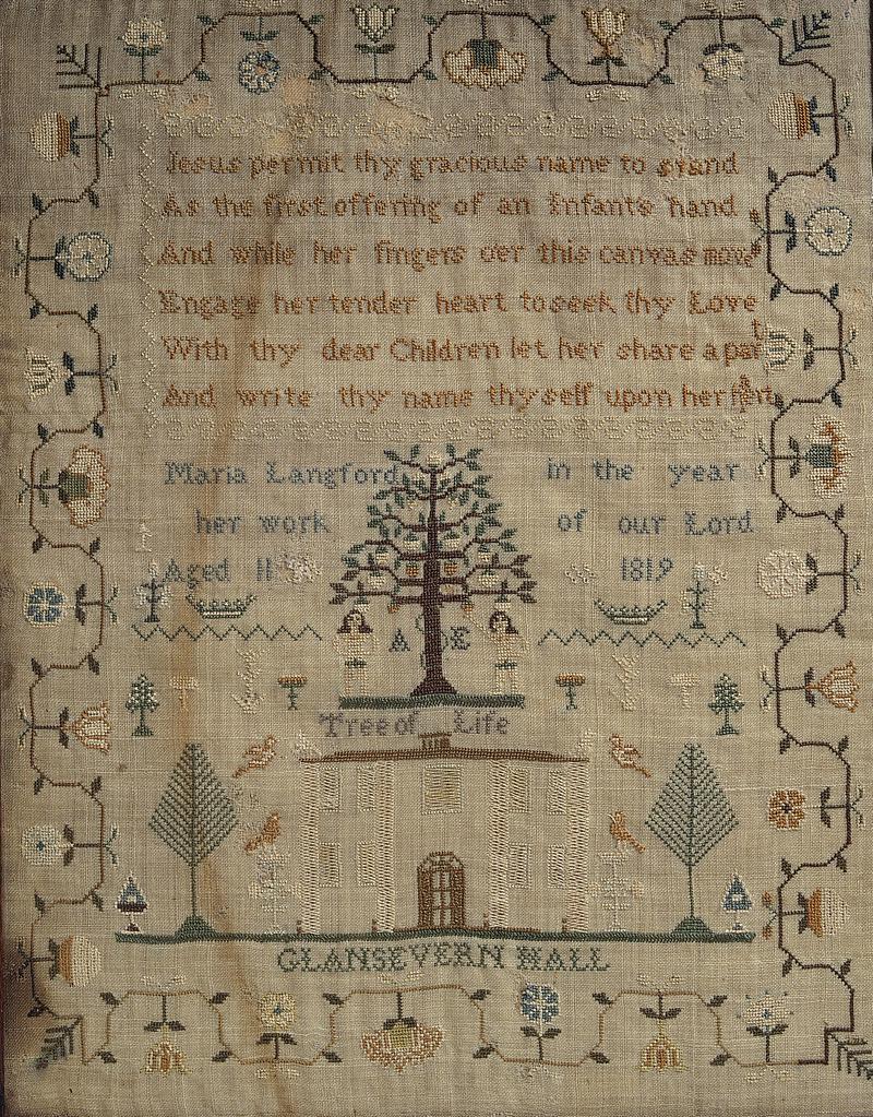 Sampler (pictorial, motifs & verse), made in Berriew, 1819