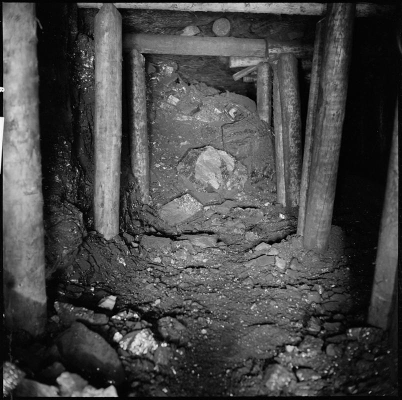 Black and white film negative showing the coal face, Ammanford Colliery 7 September 1976.  'Ammanford, 7 Sep 1976' is transcribed from original negative bag.