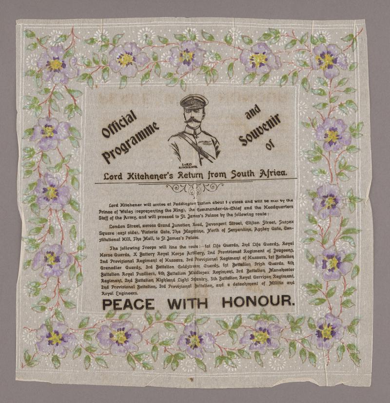 Programme printed on a paper napkin 'Official Programme and Souvenir of Lord Kitchener's Return from South Africa'.