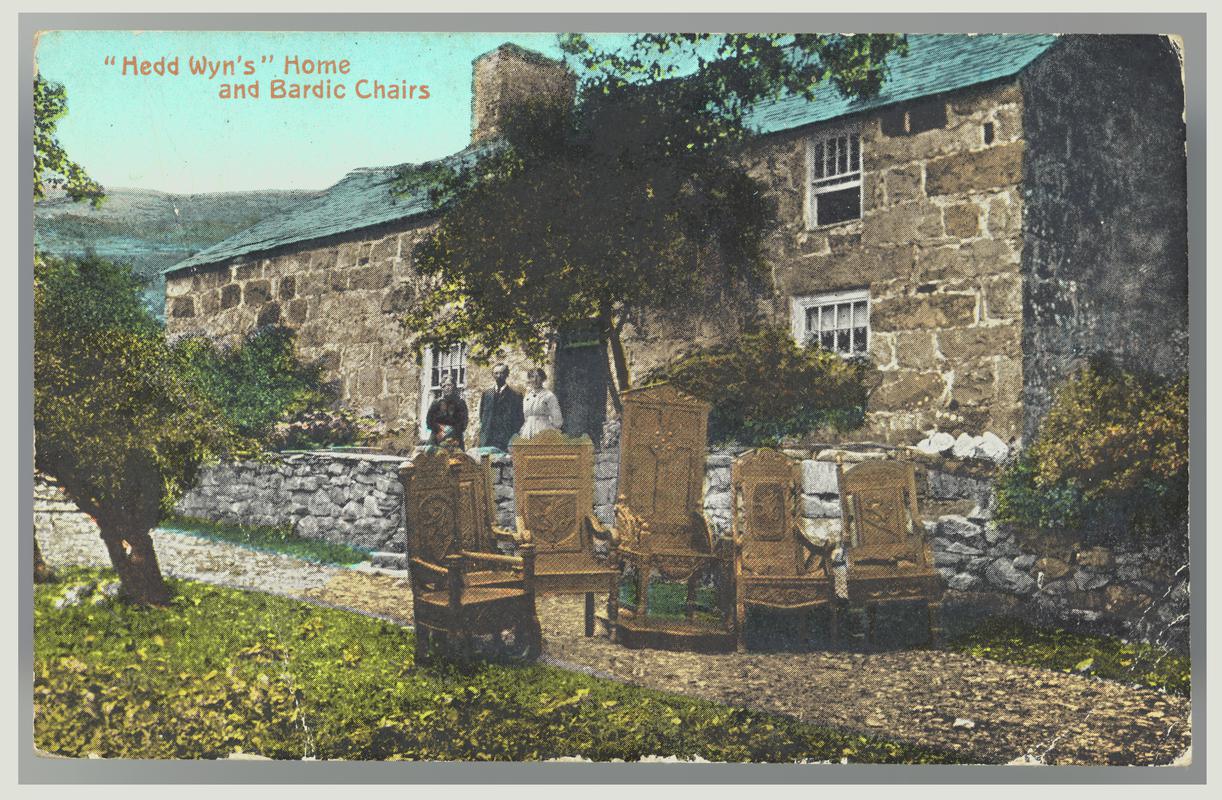 Postcard sent to Miss Annie Jones of Newquay in November 1923. Illustrated with a photograph of bardic chairs in front of Hedd Wyn's home, Yr Ysgwrn, Trawsfynydd.