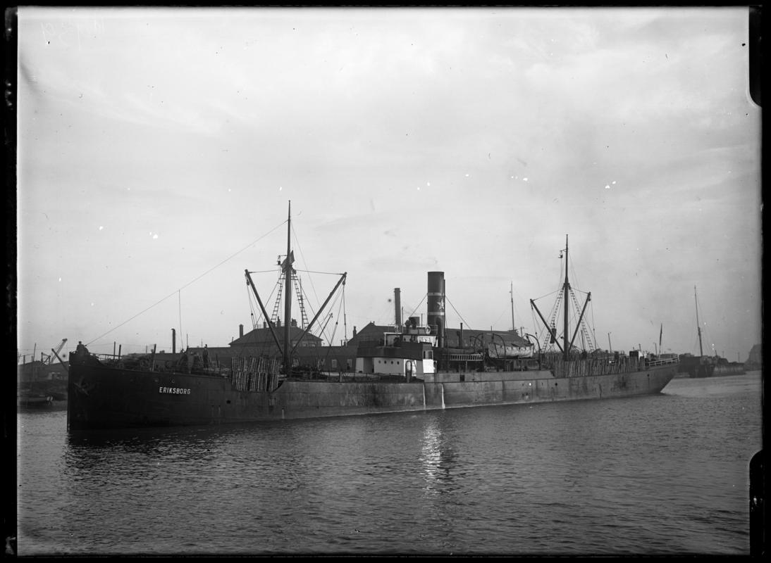 Port broadside view of S.S. ERIKSBORG at Cardiff Docks, c.1936.