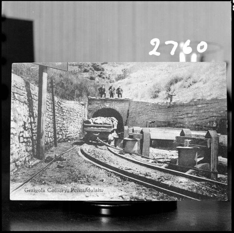 Black and white film negative of a photograph showing the entrance to the drift mine, Graig Merthyr Colliery.  'Graig Merthyr' is transcribed from original negative bag.