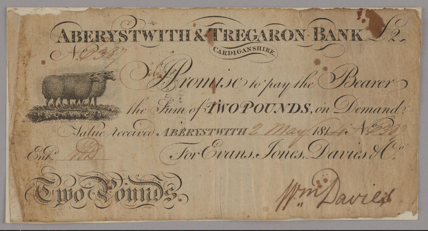 Aberystwith & Tregaron Bank two pounds bank note, 1814