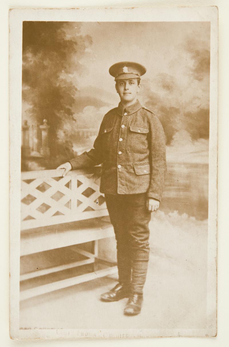 Postcard with a portrait of a soldier in First World War uniform.