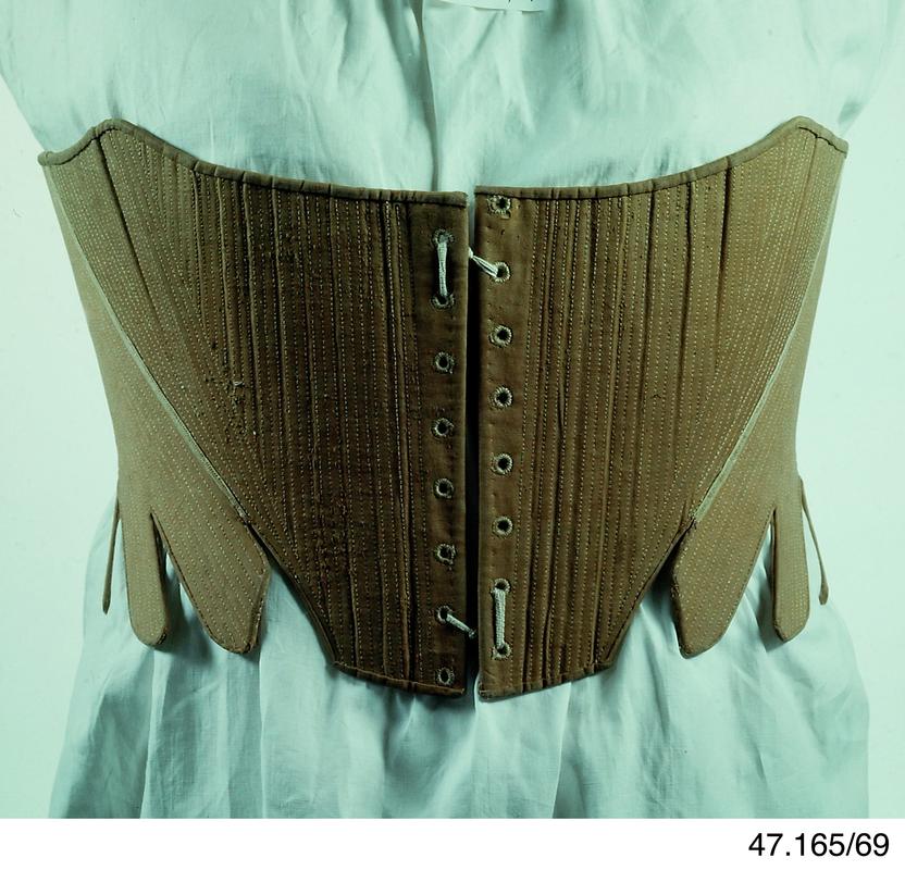 Short stays, 1780-90, of brown cotton jean.linen lining