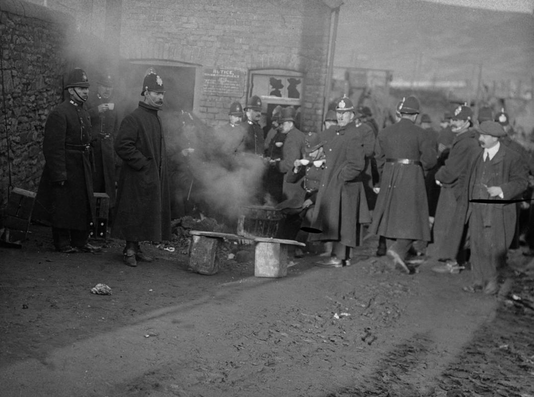 Cambrian Combine Strike. Police drinking cocoa at Glamorgan Colliery yard